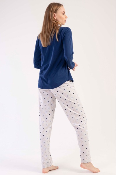 VİENETTA Жіночий темно-синій довгий рукав круглий комір овальна спідниця бавовняний піжамний комплект повний крій