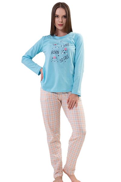 VİENETTA Set de pijamale din bumbac, albastru, cu mâneci lungi, cu gât rotund, cu tiv oval