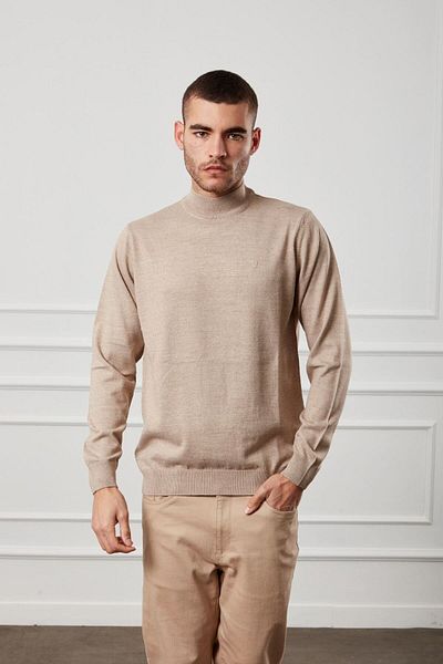 Diandor Men's Half Fishing Wool Plain Knitwear Sweater Beige