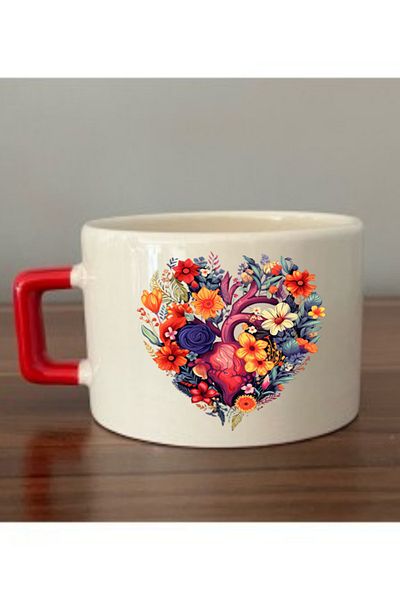 lili hediyelik Heart And Flower Printed Red Handle Cup Ceramic Mug - Ceramic Tea, Coffee Gift Cup