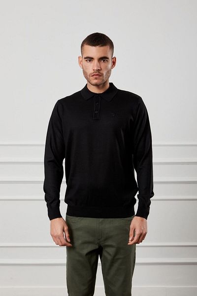 Diandor Men's Polo Collar Wool Plain Knitwear Sweater Black
