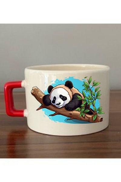 lili hediyelik Panda Printed Cup with Red Handle Ceramic Mug - Ceramic Tea, Coffee Gift Cup