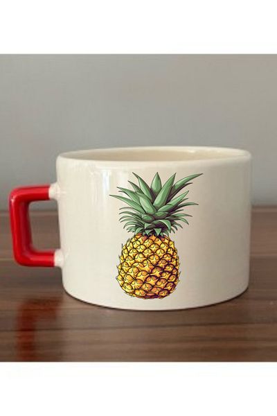 lili hediyelik Pineapple Printed Cup with Red Handle Ceramic Mug - Ceramic Tea, Coffee Gift Cup