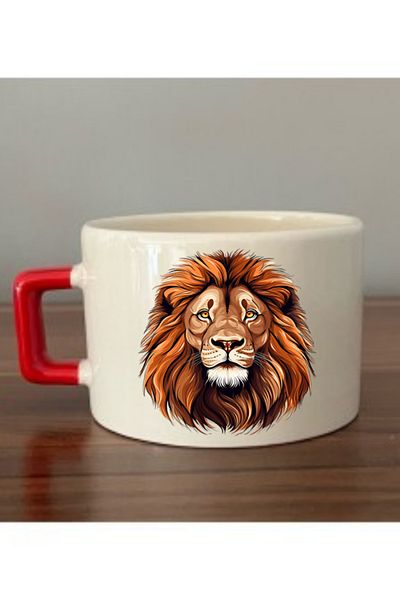 lili hediyelik Lion Printed Red Cup with Handle - Ceramic Tea, Coffee Gift Cup