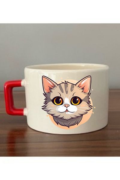 lili hediyelik Cute Cat Red Handle Cup Ceramic Mug - Ceramic Tea, Coffee Gift Cup