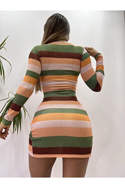 pink and pink Streife Patterned Silvery Cross Collar Mini Dress