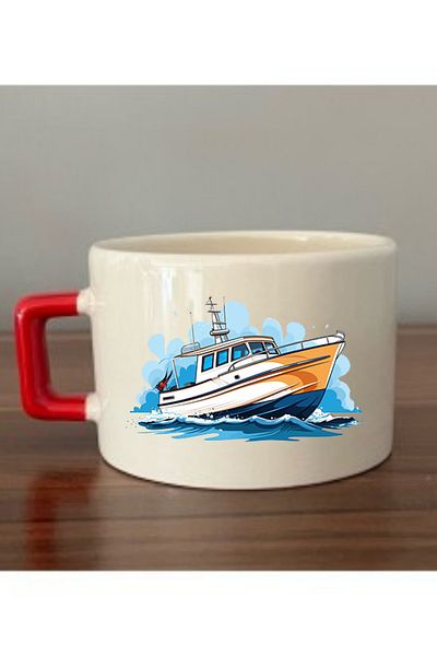lili hediyelik Ship Printed Red Handle Cup Ceramic Mug - Ceramic Tea, Coffee Gift Cup