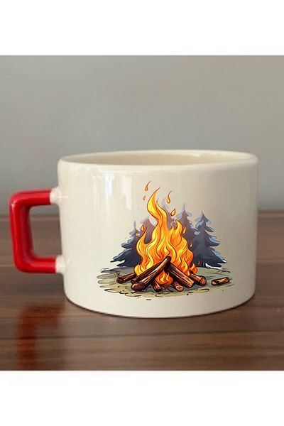 lili hediyelik Campfire Printed Cup with Red Handle Ceramic Mug - Ceramic Tea, Coffee Gift Cup