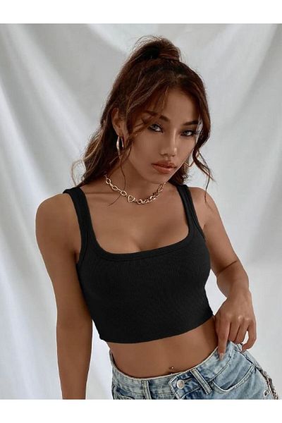 DUDAKTAN KALBE Women's Black Square Neck Crop Blouse