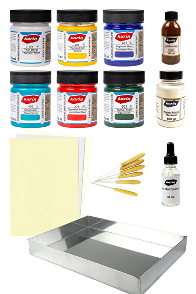 ÜSKÜDAR SANAT Ebru Başlangıç Seti 35x50 Profesyonel Ebru Seti Ezilmiş Ebru Boyaları Ebru Boyası