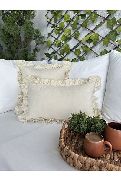 Decamor home Vintage Frilly Ivory Color Throw Pillow Cover 1 Pc