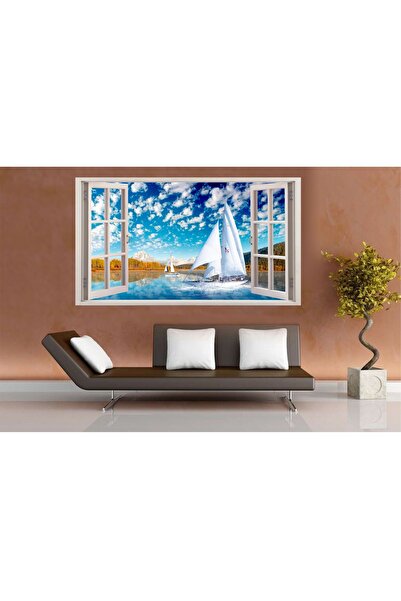HDART Modern Soyut Açılır Pencere Görünümlü Yelkenli Deniz Dağ Manzaralı Duva...