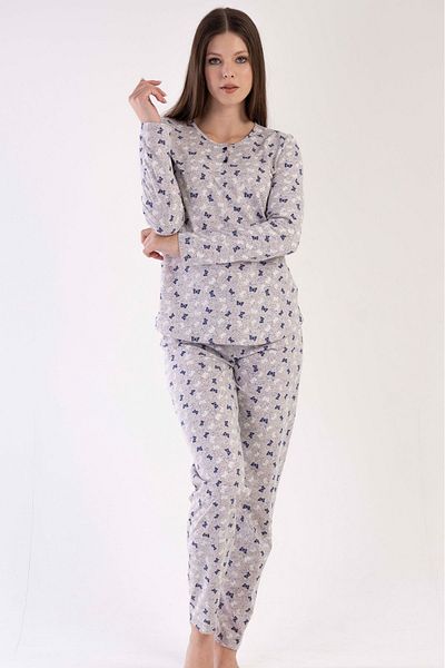 VİENETTA Set de pijamale din bumbac, cu mâneci lungi, cu jumătate de nasturi, cu gât rotund, cu tiv oval, pentru femei, bej, bleumarin