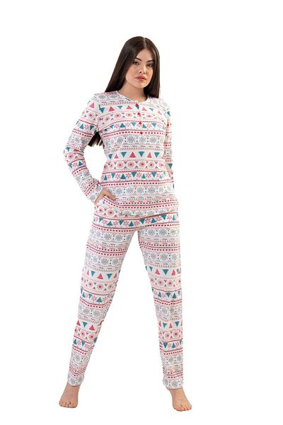 VİENETTA Set de pijamale din bumbac, cu mâneci lungi, cu jumătate de nasturi, cu gât rotund, cu tiv oval, roșu bej