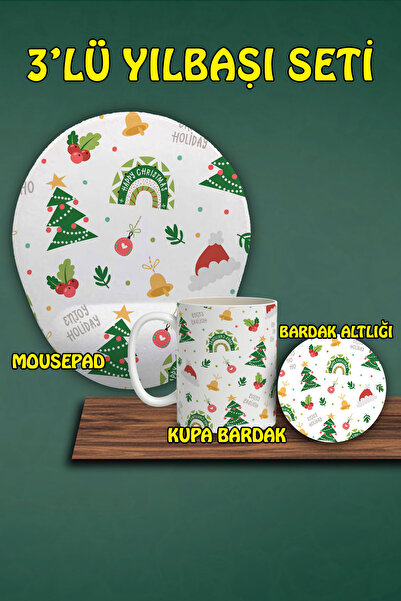 HobiShop Yılbaşı Temalı 3'lü Bilek Destekli Mousepad Kupa ve Bardak Altlığı Seti
