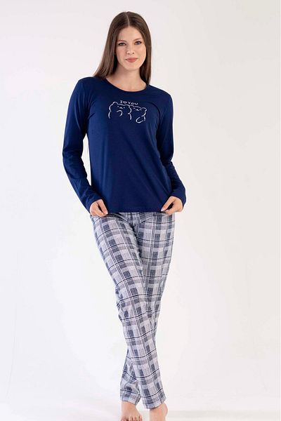 VİENETTA Set de pijamale din bumbac, cu mâneci lungi, cu mâneci lungi, cu gât rotund, albastru bleumarin