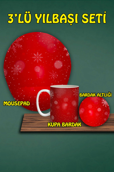 HobiShop Yılbaşı Temalı 3'lü Bilek Destekli Mousepad Kupa Ve Bardak Altlığı Seti