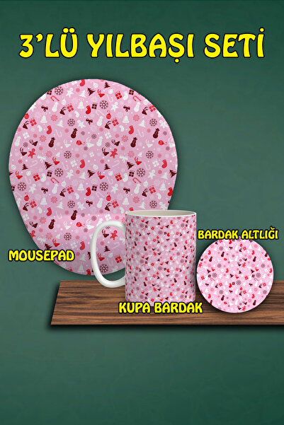 HobiShop Yılbaşı Temalı 3'lü Bilek Destekli Mousepad Kupa Ve Bardak Altlığı Seti