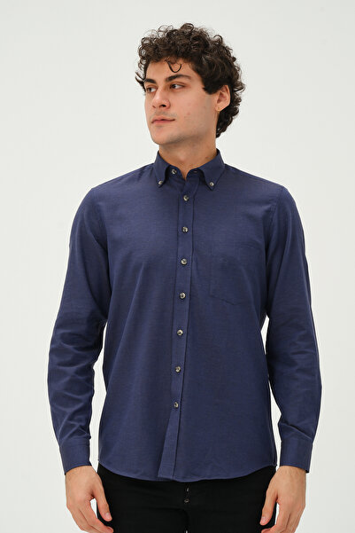 PSY Erkek Mavi Yünlü Regular Fit Düz Uzun Kol Gömlek