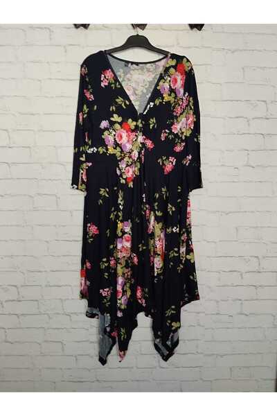 anne moda ankara V-neck, viscose dress with asymmetric skirt