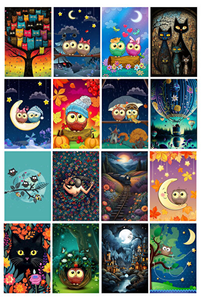 TELLGRAF مجموعة بطاقات بريدية بموضوع البومة والقطط (10x15 سم 16 قطعة)