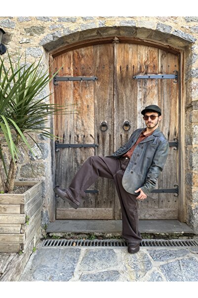 Pastelist. Hakiki deri erkek ceket , özel seri eskitmeli petrol yeşil renk