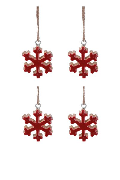 Via Gardenia ندفة الثلج الخشبية المعلقة باللون الأحمر 4 قطع 6 سم