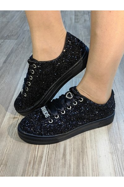 Ayakkabı Tutkusu Stilo ® Black Glitter Flat Sole Sneakers Glitter Black Evening Dress Sneakers
