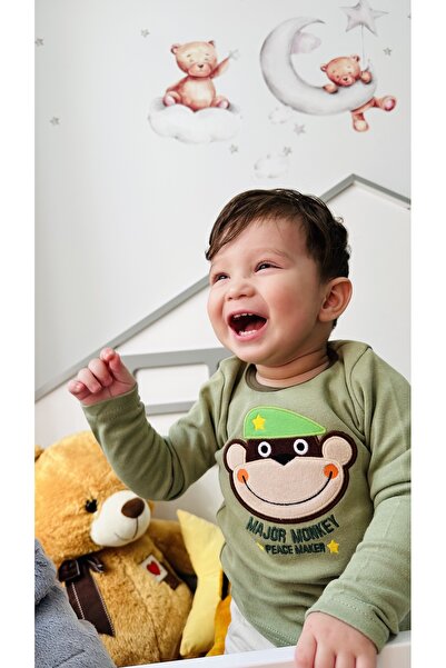 TD Collection Major Monkey Nakışlı Erkek Çocuk/bebek Asker Yeşili Uzun Kol Üst
