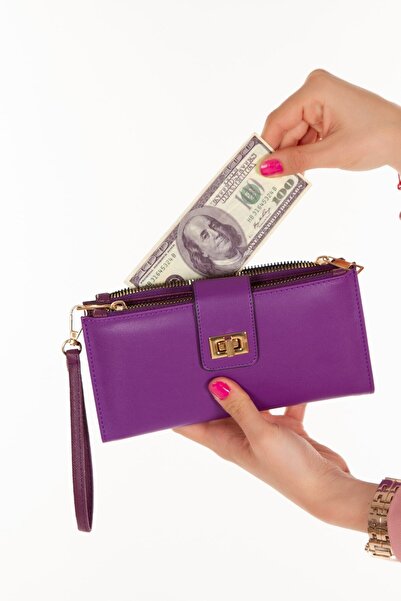 NEWISH POLO ACCESSORIES Kadın Mor Fermuarlı Cüzdan Bilek Askılı Kağıt Para Bö...