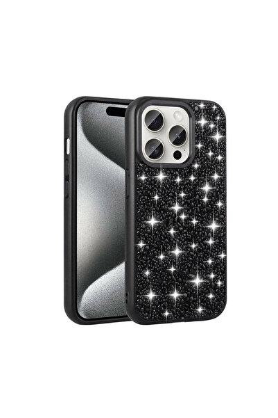 Rivor Apple iPhone 15 Pro Max Uyumlu Kılıf Kamera Çıkıntılı Parlak Taşlı Tasa...