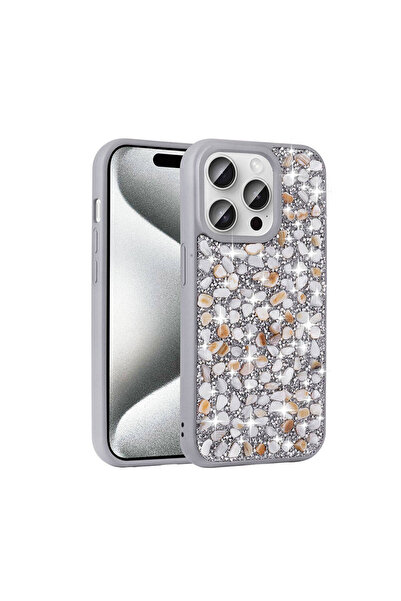 Rivor Apple iPhone 15 Pro Max Uyumlu Kılıf Kamera Çıkıntılı Parlak Taşlı Tasa...