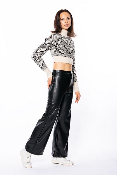 Grenj Fashion Pantaloni negri din piele cu picior largi, cu buzunar