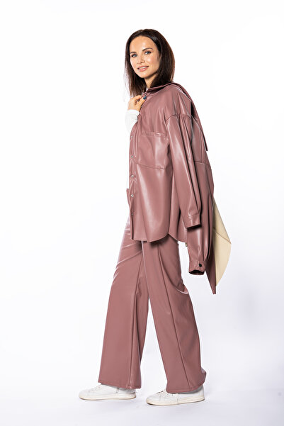 Grenj Fashion Dusty Rose Wide Leg Leather Trousers with Pocket Detail