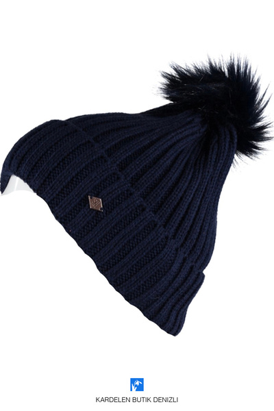Kardelen Butik Denizli Висококачествена тъмносиня шапка с помпони за жени