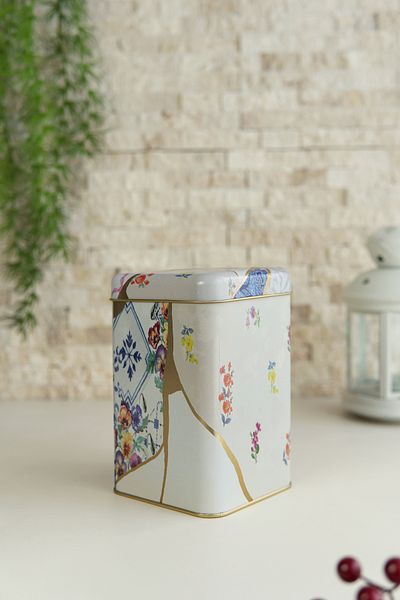 EVLE Er022-3ı Kint Sugi Rose Patterned Square Metal Storage Container 11x11 Cm
