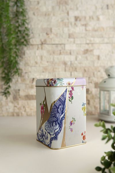 EVLE Er022-5ı Kint Sugi Flower Patterned Square Metal Storage Container 11x11 Cm