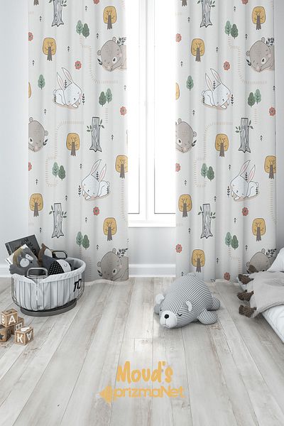 Moud's Rabbit and Teddy Bear Patterned Printed Children's and Baby's Room Background Curtain with 2 Wings - PRD-04