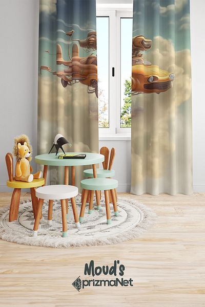 Moud's Flying Car Patterned Printed Children's and Baby's Room Background Curtain with 2 Wings - PRD-01