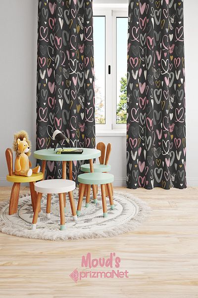 Moud's Gray Hearts Patterned Printed Children's and Baby's Room Background Curtain with 2 Wings - PRD-34