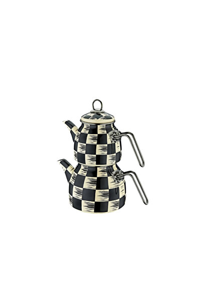 OMS Siyah-beyaz Damalı Emaye Çaydanlık Siyah Kulplu