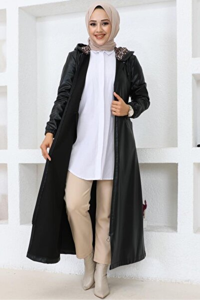 benguen 1250 Model Long Black Hijab Leather Trench Coat