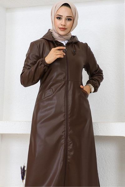 benguen Langer Hijab-Trenchcoat aus braunem Leder Modell 1250 - mit Kapuze