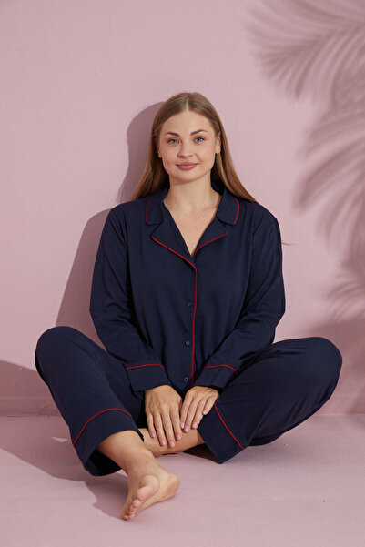 pijamacity Büyük Beden Kadın Lacivert Uzun Kollu Pamuklu Düğmeli Biyeli Pijama Takımı