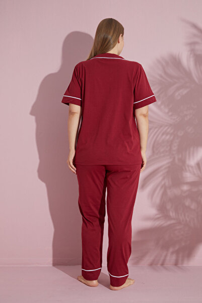 pijamacity Büyük Beden Kadın Bordo Kısa Kollu Pamuklu Düğmeli Biyeli Pijama Takımı