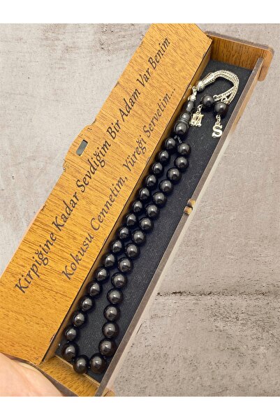 KANUNİ TESBİH Mărgele de rugăciune Oltu Stone cu detaliu literă, cutie specială din lemn, design special