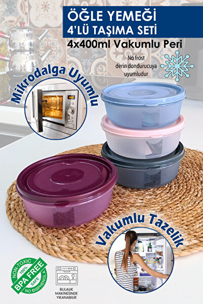 Deftion 4'lü Öğle Yemeği Taşıma Kabı Seti Mikrodalga Uyumlu Vakumlu Yeni Nesil Sefer Tası Lunchbox