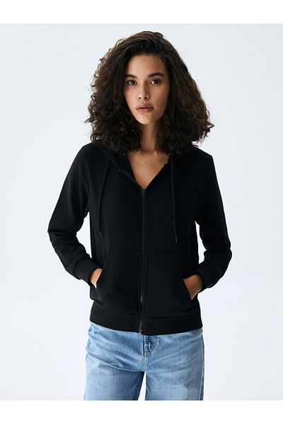 Ltb Ribbed Hooded Zippered Black Cardigan