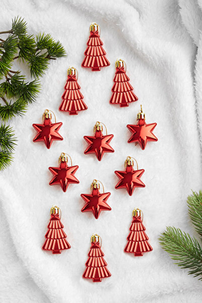 Waldern 12li Yıldız Ve Ağaç Figürlü Yılbaşı Süsü Kırmızı