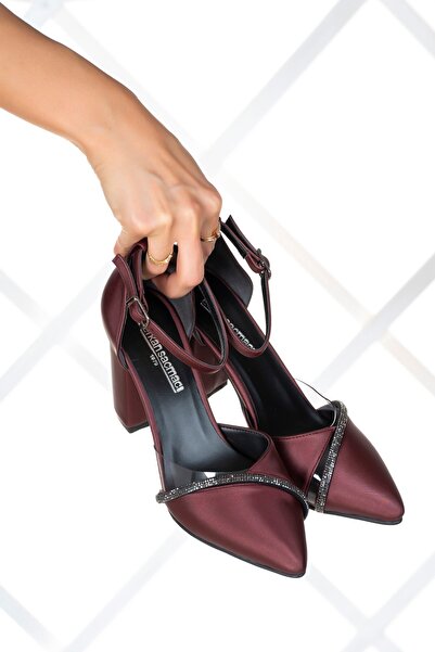 Erkan Saçmacı Samira Claret Red Satin Stoned Transparent Designed Shoes